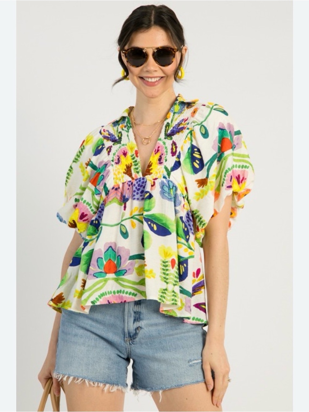 entro White Multicolor Floral Smocked V-Neck Puff Sleeve Top